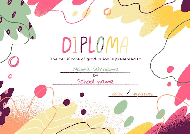 Kids diploma template with abstract creative elements. Kindergarten and school childs certificate design with background for text. Graduation document, cute paper. Colored flat vector illustration