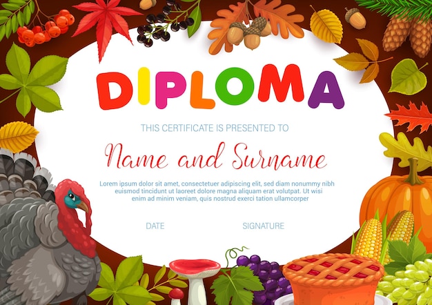 Kids diploma thanksgiving turkey, autumn harvest