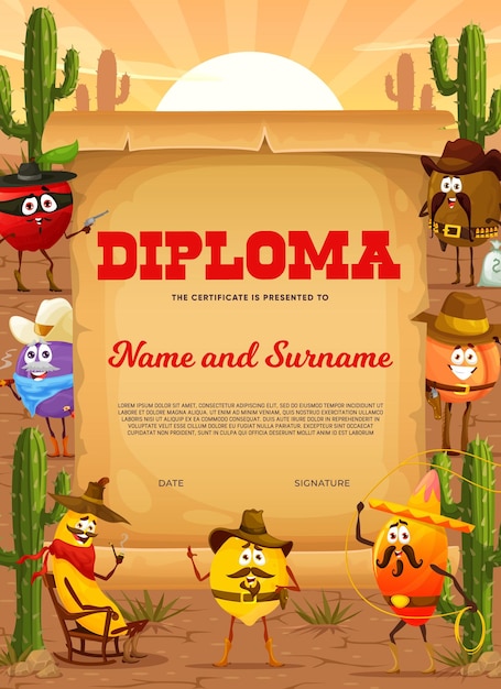 Kids diploma Wild West fruit cowboy and sheriffs