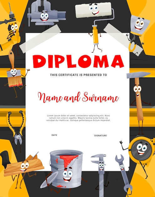 Kids diploma with cartoon construction tools