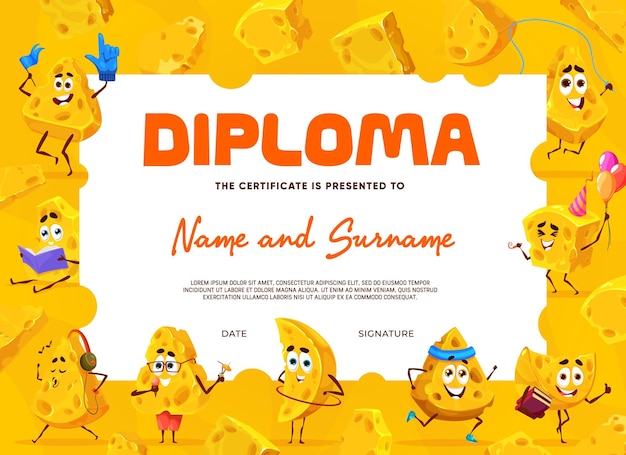 Kids diploma with cartoon funny cheese characters