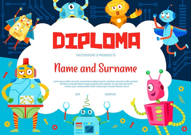 Kids diploma with cartoon funny robots characters