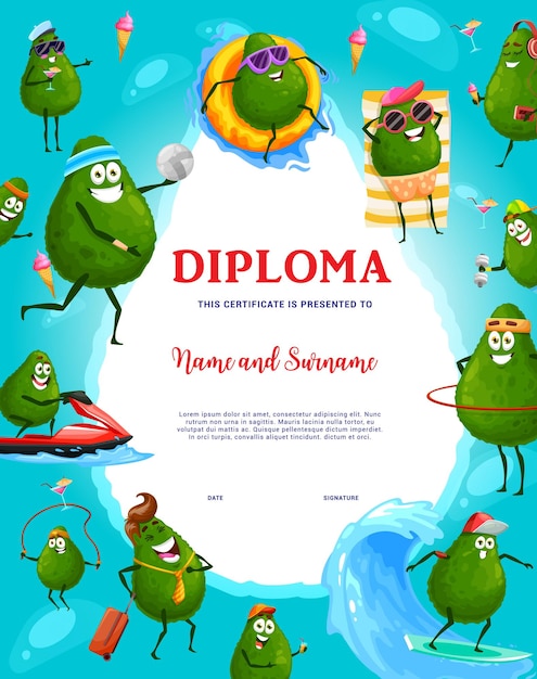 Kids diploma with cartoon happy avocado characters