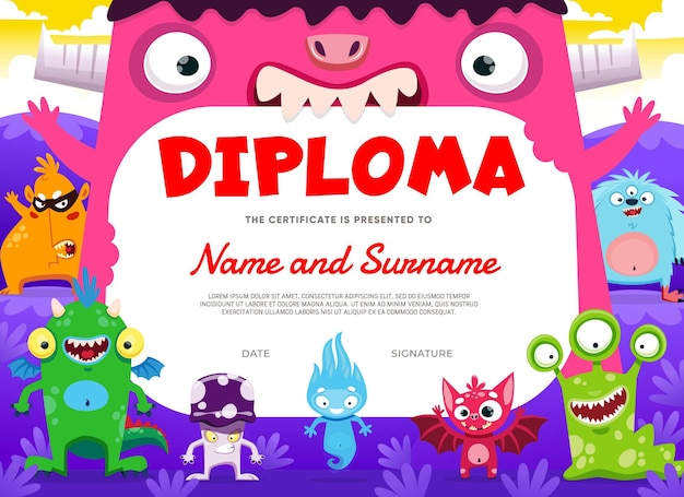 Kids diploma with cartoon monster characters