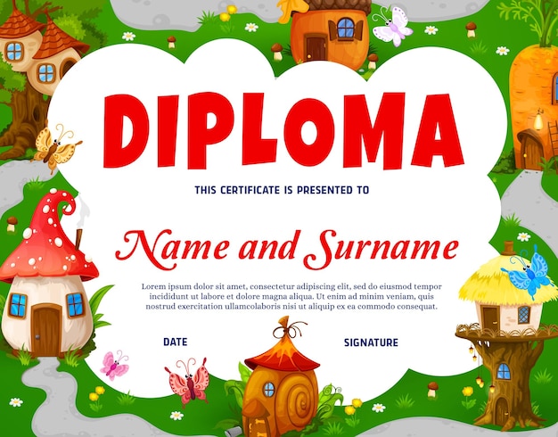 Kids diploma with fairy town of cartoon gnome and elf houses vector education certificate School appreciation diploma award with dwelling huts of homes of gnome elves in mushroom and tree stump