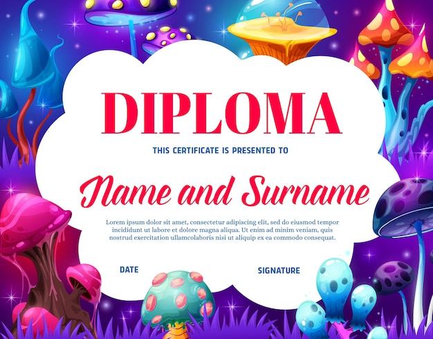 Kids diploma with fantasy magic mushrooms