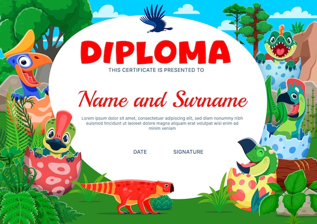 Kids diploma with funny dinosaurs kids in eggs