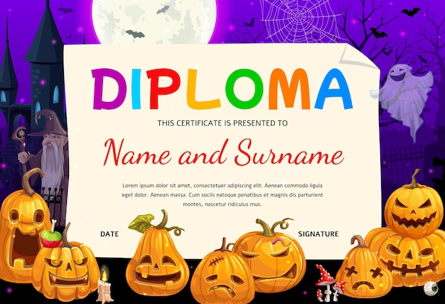 Kids diploma with funny Halloween pumpkin lanterns