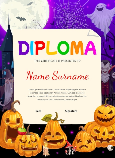 Kids diploma with Halloween pumpkin ghost wizard