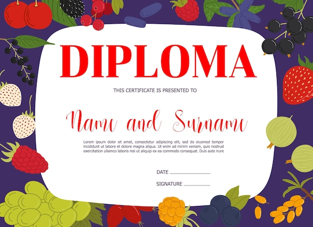 Kids diploma with ripe forest and garden berries Vector certificate with blueberry grape blackberry rosehip strawberry or cloudberry Black currant sea buckthorn cherry raspberry or honeyberry