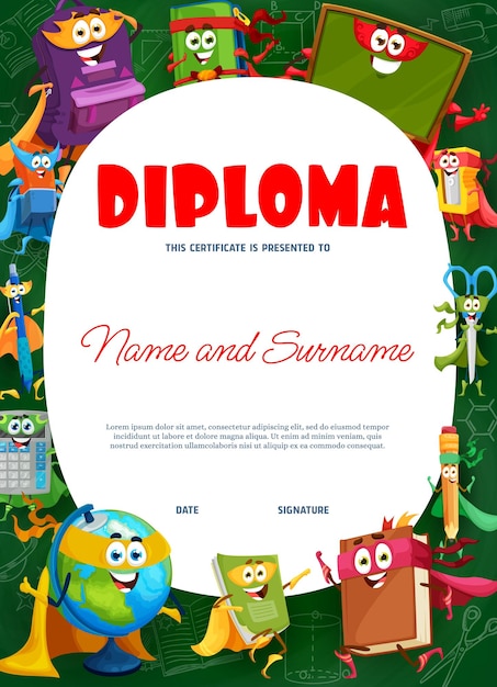 Kids diploma with school education characters