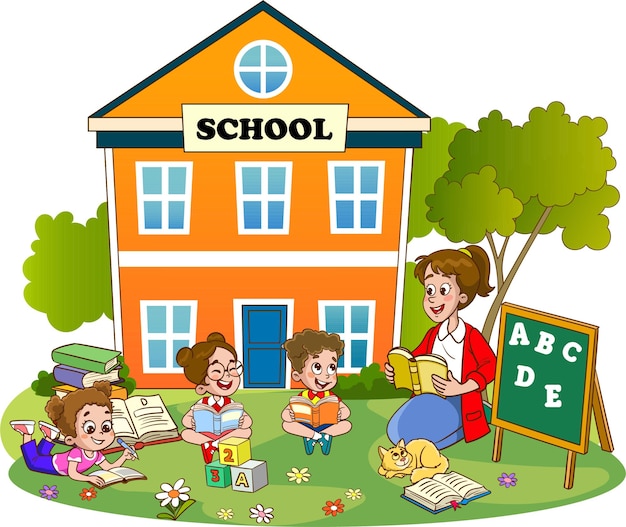 kids discussing homework and reading books together.Vector Illustration of Child Education