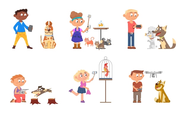 Kids doing photos Children with pets cartoon young digital photographers Isolated cute boy girl with dogs cats birds and fish decent vector set