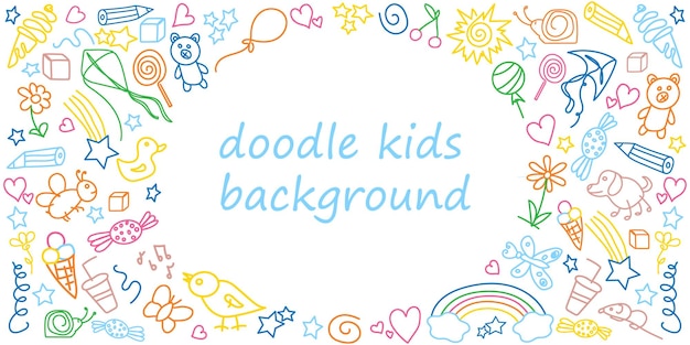 Kids doodle background Horizontal frame template with children's colorful drawings Outline drawn cartoon elements