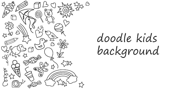 Kids doodle background Template with children's black drawings Outline drawn cartoon elements