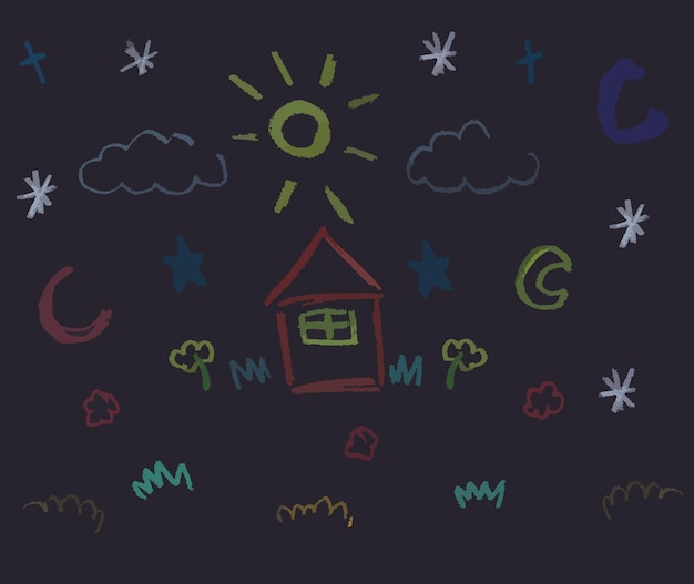 Kids doodle drawing, cute icons of house, sun, flowers