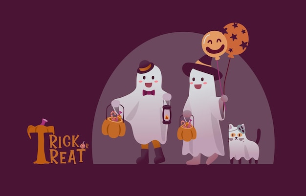 Kids Dress in Ghost Costume in Halloween Day Vector Illustration