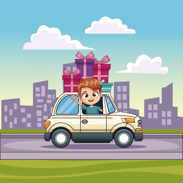 Kids driving car with gift 