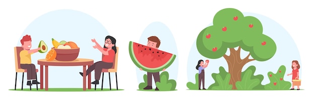 Kids Eating and Harvesting Fruits, Little Children Characters Pick Apples, Sit at Table with Bowl of Fresh Orchard Fruits, Little Boy with Big Piece of Watermelon. Cartoon People Vector Illustration