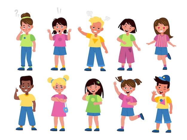 Kids emotions International children in different moods teens joy and anger bored and surprised chagrin expressions poses in happiness and upsets Vector cartoon set