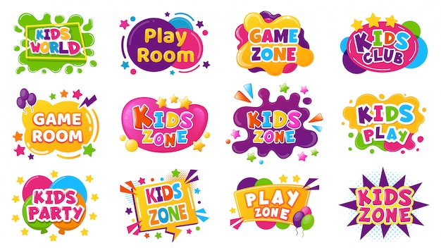 Kids entertainment badges. Game room party labels, children education and entertainment club elements. Baby playing zone  illustration set. Playroom area, child and kids zone for game