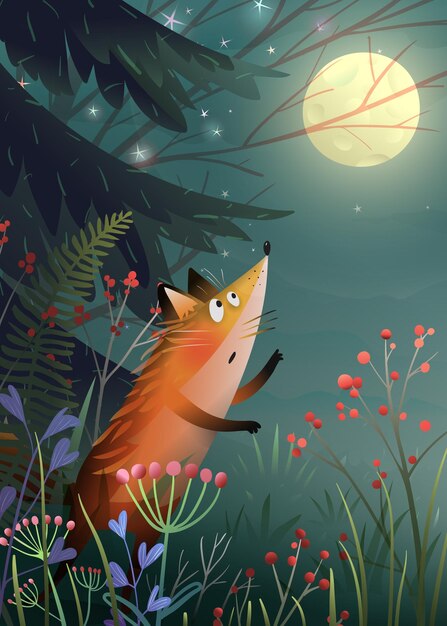 Vector kids fairytale forest with fox looking at the moon