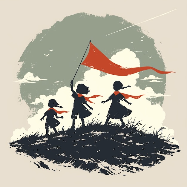 Kids Flying Kites on a Breezy Hilltop