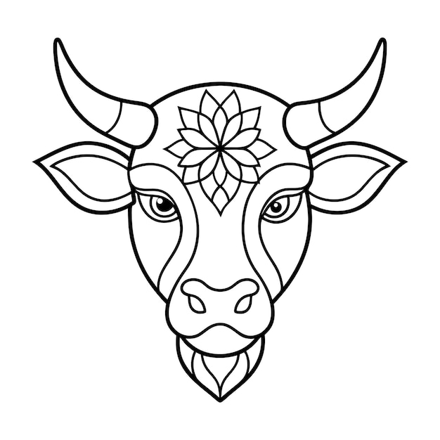 Vector kids friendly bull coloring page simple line art cute cow head with flower mandala design pattern