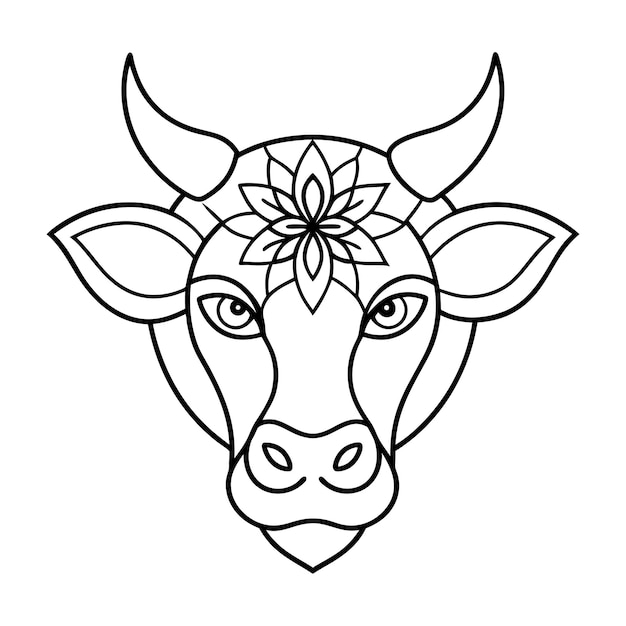 Vector kids friendly bull coloring page simple line art cute cow head with flower mandala design pattern