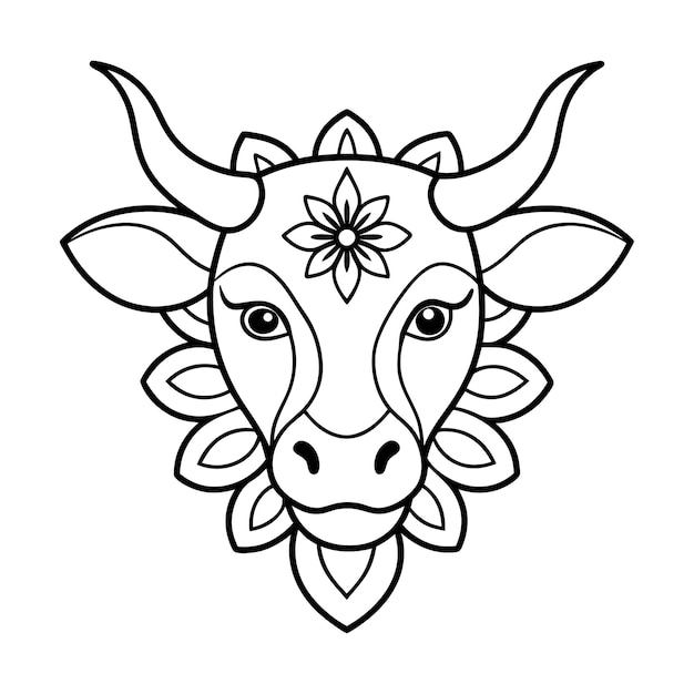 Vector kids friendly bull coloring page simple line art cute cow head with flower mandala design pattern