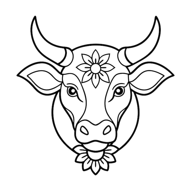 Vector kids friendly bull coloring page simple line art cute cow head with flower mandala design pattern