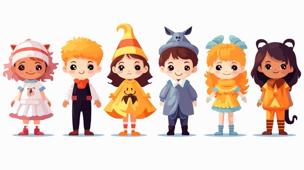 Vector kids in funny and scary halloween costumes for halloween celebration