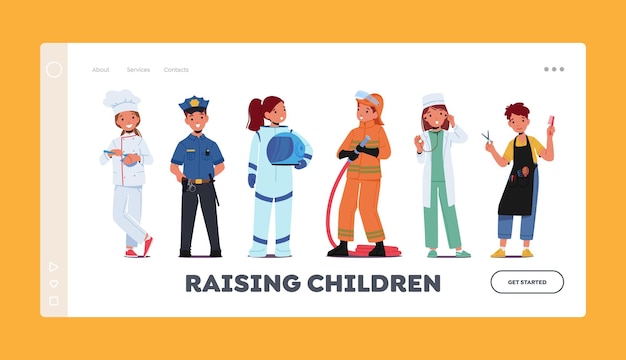 Kids Future Career Landing Page Template Professions Chef Policeman Astronaut Firefighter Doctor and Hairdresser