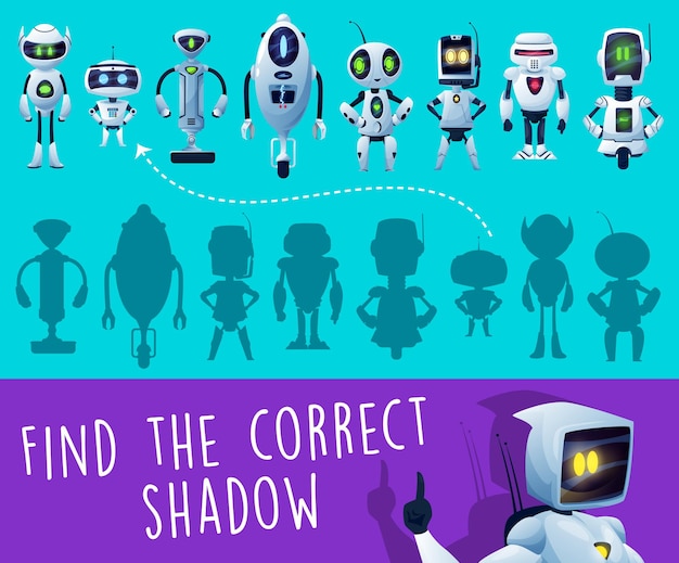 Vector kids game. find a correct robot shadow riddle, puzzle game or preschooler 