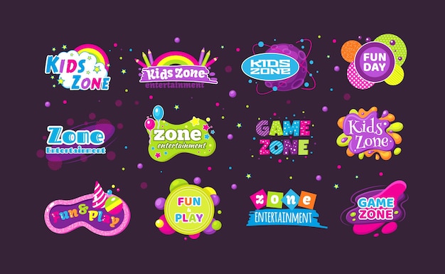 Kids game zone fun day entertainment set childish banner label sticker