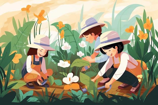 Kids Gardening in the Garden with Plants Vector