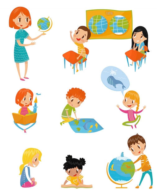 Kids at geography lesson set, preschool activities and early childhood education concept  Illustrations on a white background