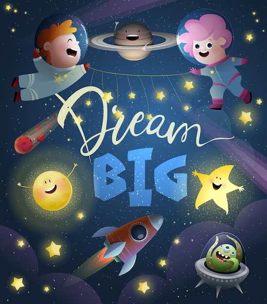 Kids Girl and Boy Astronauts in Space Big Dreams