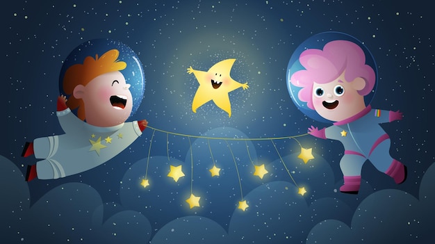 Kids Girl and Boy Astronauts in Space Wallpaper