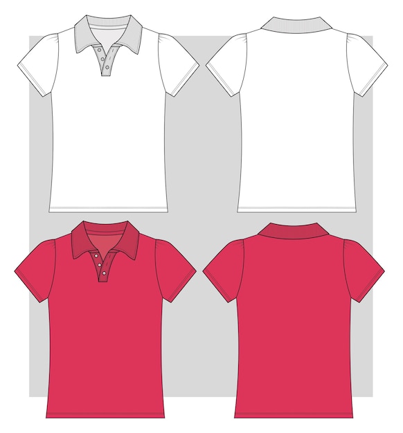 Kids Girl Polo Tshirt Flat sketch Front and Back