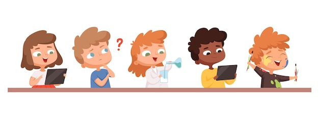 Kids group at desk Children holding diverse things chemistry artist thinking vector characters