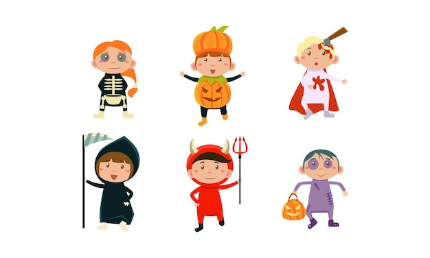 Vector kids in halloween costumes set cute children at carnival clothes vector illustration isolated on a white background