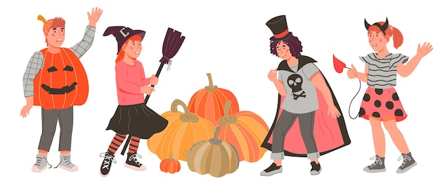 Kids in Halloween costumes with harvest of autumn pumpkins flat vector