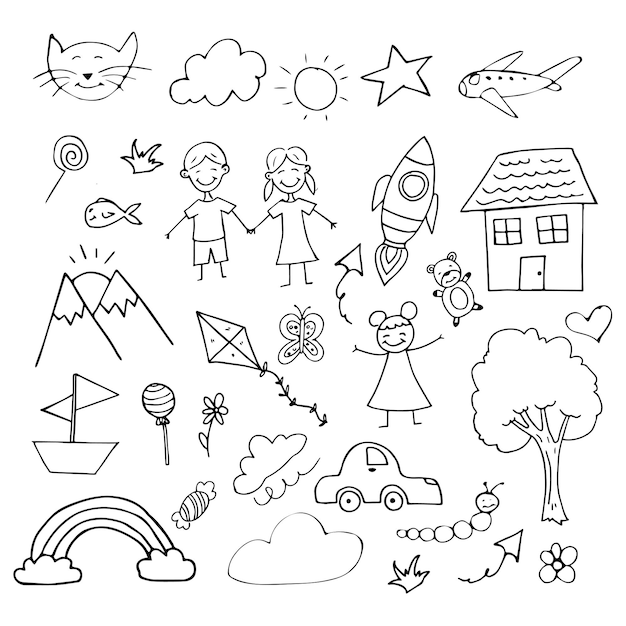 Kids Hand Drawn Vector Illustration Objects Set