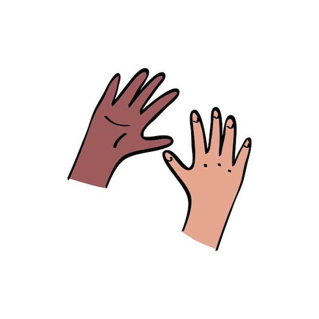 Kids hands reaching out to each other Black and caucasian unity diversity concept Outline with color illustration in hand drawn style