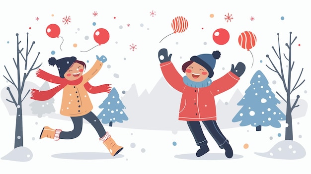 Kids Having Fun in Winter Park Flat Vector Illustration