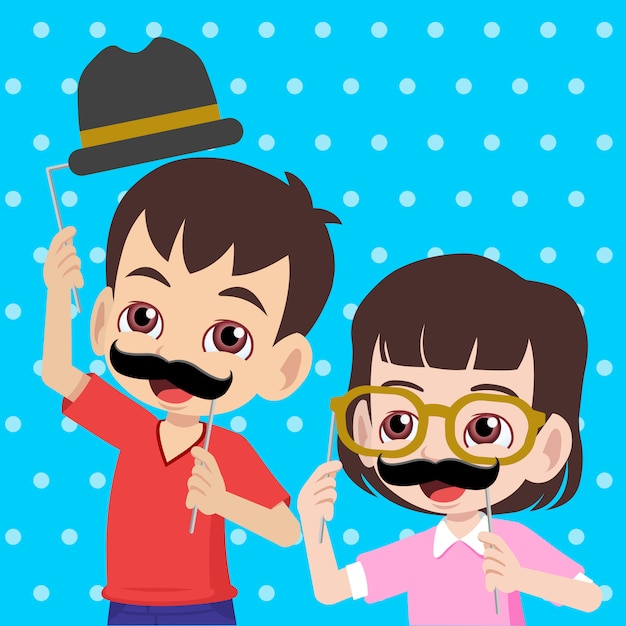 Kids having fun with props of mustache, glasses, and bowler hat greeting Happy Father's day