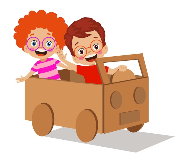 Kids having fun with toy car out of cardboard box