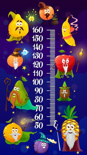 Kids height chart cartoon fruit magicians and wizards growth meter Vector wall ruler with quince orange banana and apple with kiwi pineapple and peach with pear cartoon characters with magic stuff