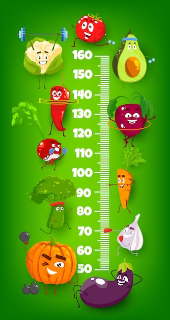 Kids height chart cartoon vegetable athletes growth meter Vector stadiometer ruler with funny veggie carrot and eggplant beet and avocado tomato and radish garlic Wall sticker for height measure